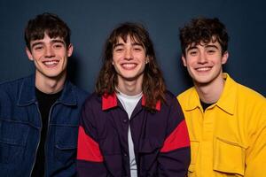 Three young men are smiling and posing for a photo