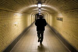 A man walking through a tunnel photo