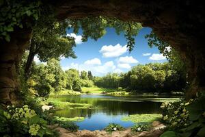 A cave with a view of a lake and green trees photo