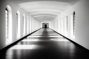 A long hallway with arched windows and white walls photo