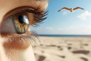 A woman's eye with a seagull flying in front of it photo