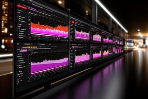 A large display of multiple screens showing different data photo