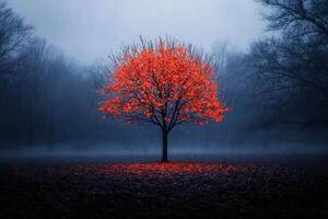 A red tree in the fog with fog and trees photo