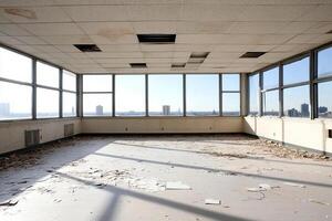 An empty room with large windows and a view of the city photo