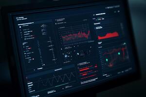 A computer monitor with a dashboard displaying various data photo