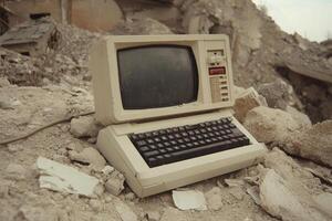 A computer that is sitting on top of a pile of rubble photo