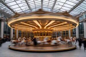 A carousel is in a large building with people walking around photo