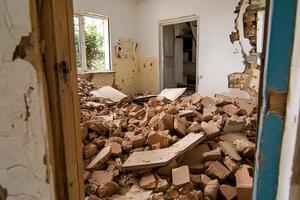 A room with a lot of rubble in it photo