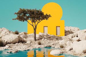 A yellow house with a tree in the middle of a desert photo