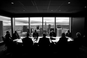 A group of people sitting at a table in front of a large window photo