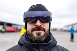 A man with a beard wearing a pair of goggles photo