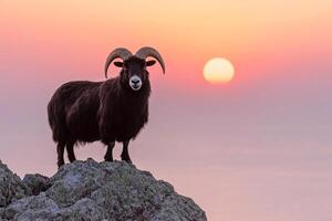 A ram stands on top of a mountain at sunset photo