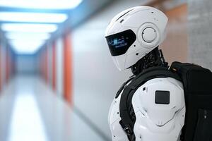 A white robot with a backpack standing in a hallway photo