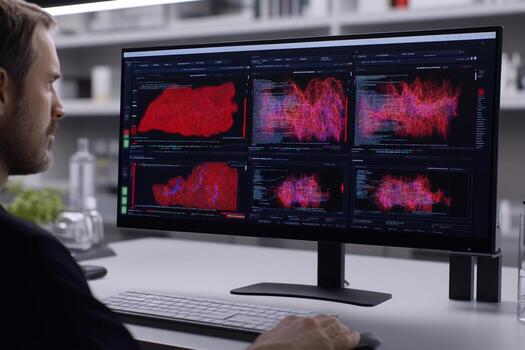A man is looking at a computer screen with red and green data photo