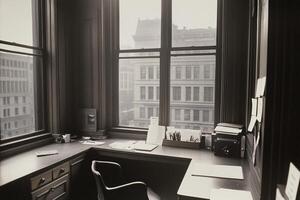 A desk with a chair in front of a window photo