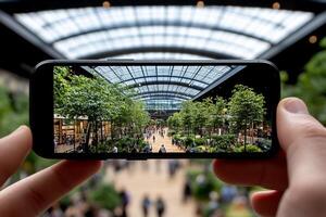 A person holding up a smartphone with a view of a large indoor shopping mall photo