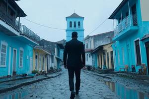 A man walks down a cobblestone street in front of a blue building photo