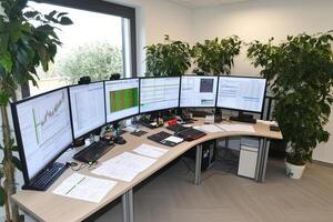 A desk with multiple monitors and a plant photo