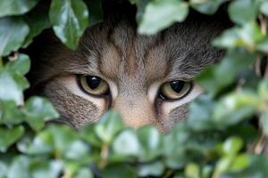 A cat peeking out from behind some bushes photo