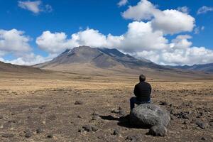 A man sitting on a rock in the middle of a field photo