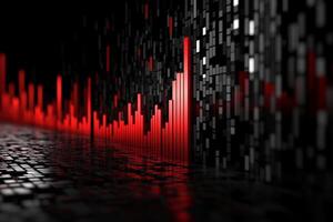 A red and black background with a bar graph photo