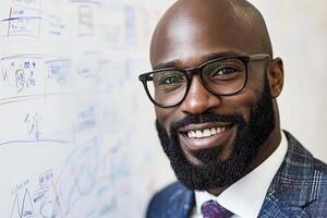 A man with a beard and glasses standing in front of a whiteboard photo