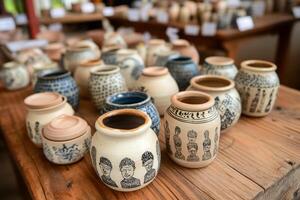 Many different types of pottery are on display photo