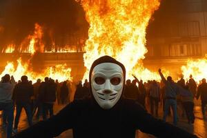 A masked man in front of a large fire photo