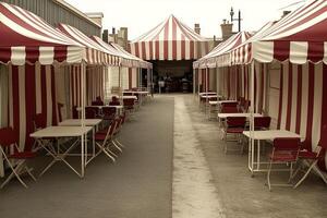A row of tables and chairs under a red and white striped tent photo