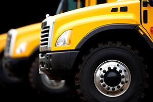 A row of yellow school buses parked in a row photo