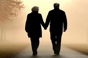 An older couple walking down a path in the fog photo