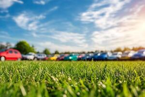 Cars parked in a field with a blue sky photo
