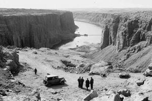 A black and white photo of people standing near a river