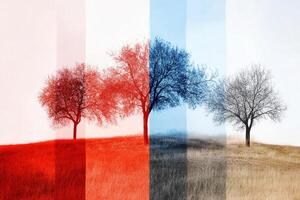 Four trees in different colors on a hill photo
