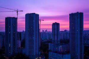 The city skyline at dusk with a purple sky photo