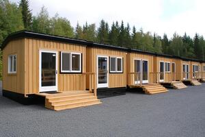 A row of small cabins in a parking lot photo