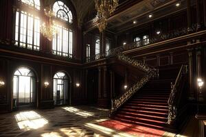 A large room with ornate chandeliers and a red carpet photo