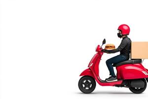 A man in a red helmet and black jacket is riding a scooter with a box photo