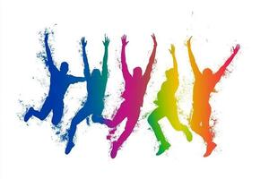 A group of people jumping in the air with colorful paint photo