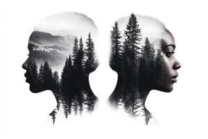 Two people are facing each other with trees in the background photo