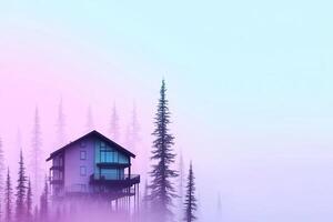 A house in the fog with trees and fog photo