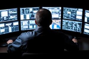 A man sitting at a desk with multiple screens photo
