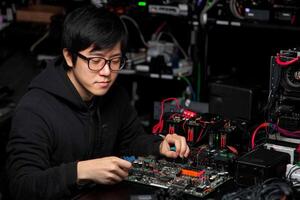 A man in glasses working on a computer photo