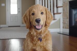 A golden retriever sitting on the floor in front of a fireplace photo