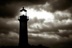 A black and white photo of a lighthouse under a cloudy sky