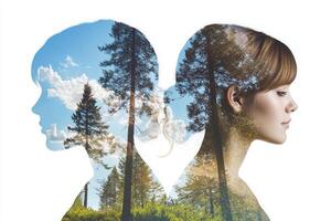 Two women are looking at each other in the forest photo