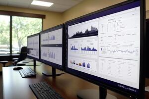 Three monitors showing different data on a desk photo