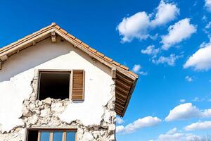 A house with a broken window and a broken door photo