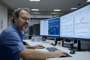 A man in a blue shirt is sitting at a desk with two computer screens photo