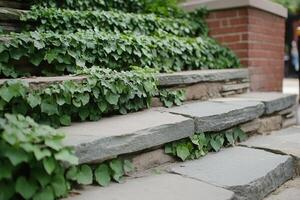 A stone staircase with ivy growing on it photo